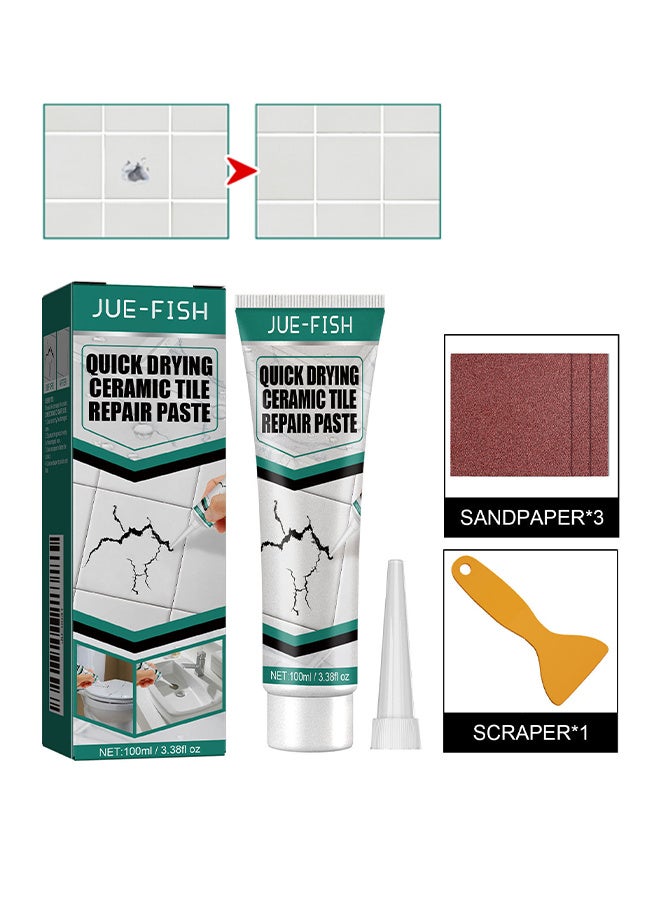 JUE-FISH Quick Drying Ceramic Tile Repair Paste, Including 1 Scraper and 3 Sandpapers, Quick Drying Waterproof, Toilet Crack Repair Quick Drying Adhesive, Used for Repairing Damaged and Updating - Image 1